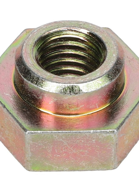 Close-up image of an AGCO Collar Nut - Acp0086640, a hexagonal metal component with a threaded interior, displaying a slight yellowish tint on the surface.