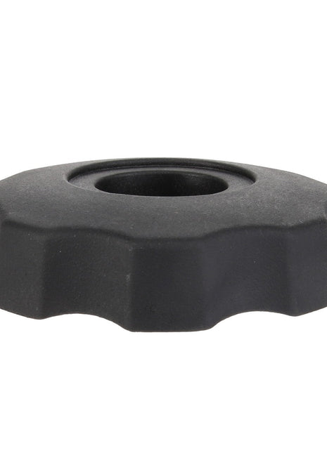 Product Description for AGCO | Knob - Acp0437930: A black plastic round knob with a hollow center and smooth, wavy edges.