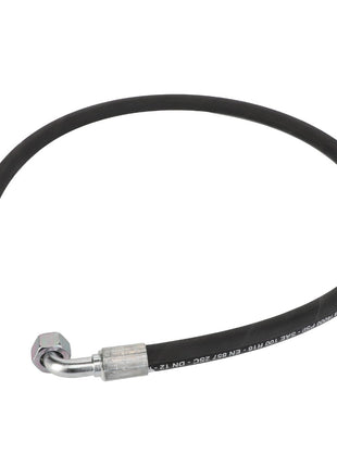 The AGCO branded ACW2205480 Hose is a black, flexible hydraulic hose featuring metal connectors on both ends—one straight and one angled. Currently, no additional product description information is available.