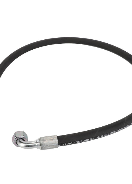 The AGCO branded ACW2205480 Hose is a black, flexible hydraulic hose featuring metal connectors on both ends—one straight and one angled. Currently, no additional product description information is available.