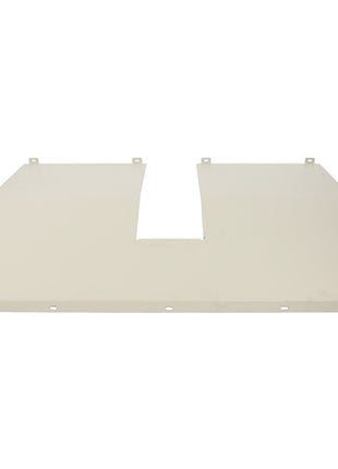The AGCO | PLATE - D28285811, branded by AGCO, is a flat, rectangular beige metal panel featuring a U-shaped cutout in the center and four mounting tabs along the upper edge.
