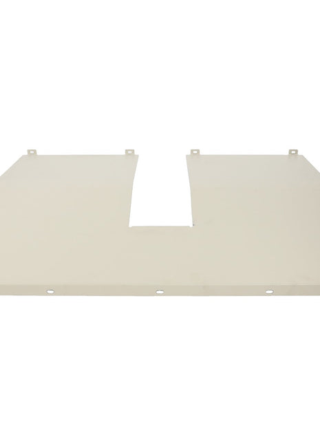 The AGCO | PLATE - D28285811, branded by AGCO, is a flat, rectangular beige metal panel featuring a U-shaped cutout in the center and four mounting tabs along the upper edge.