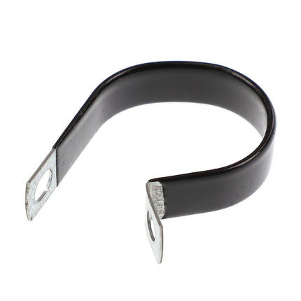 The AGCO HOSE CLAMP - AG561793 is a metal P-clip featuring a black rubber coating and two mounting holes on each end. No current product description information is available.