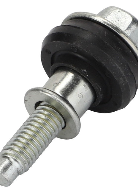 A close-up of the AGCO Insulating Material - F530200220930, showcasing a metal threaded bolt with a black rubber washer and a circular nut.