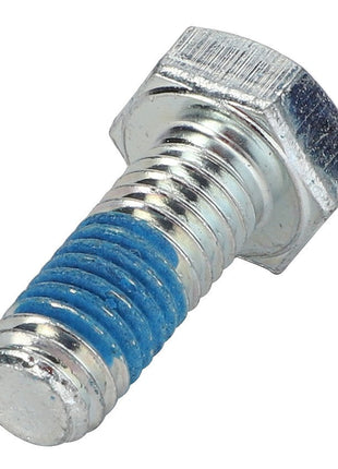 A close-up image of the AGCO | HEXAGONAL HEAD BOLT - 0901-30-45-00 with blue threadlocker material applied to part of its threaded section. No current product description information is available for this AGCO bolt.