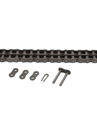 The AGCO Chain Primary Transmission - 700056134, a metal roller chain with high fatigue strength, includes four connecting links, a cotter pin, and two link pins, all displayed on a white background.