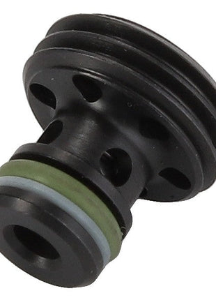 Close-up of the AGCO Check Valve - F650963020040, a sleek black cylindrical object with multiple circular holes, featuring vibrant green and blue rings near the base.