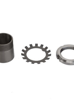 Image of the AGCO Sleeve Bearing - Acw1675590, a three-piece bicycle bottom bracket locking set, including a threaded sleeve, lock washer, and lock ring, arranged in a row. No Current Product Description Information Available.