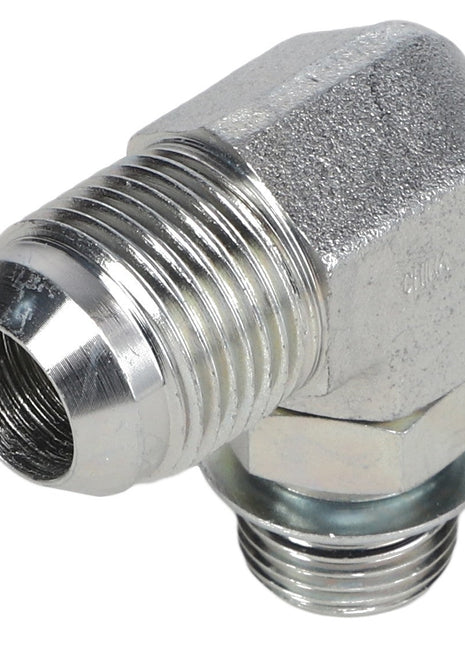 Introducing the AGCO | ELBOW FITTING - AG551589, a metal hydraulic fitting with a 90° elbow, featuring one male JIC threaded end and one female threaded end. This high-quality product is brought to you by the reliable brand AGCO.