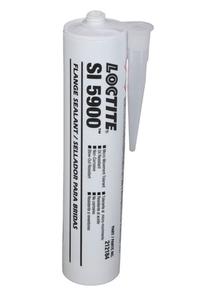 A white tube of AGCO | Loctite® 5900™ Flange Sealant Heavy Body RTV Silicone - ACP0039750 with a pointed nozzle and black text detailing specifications, now featuring an advanced formulation for optimal performance.