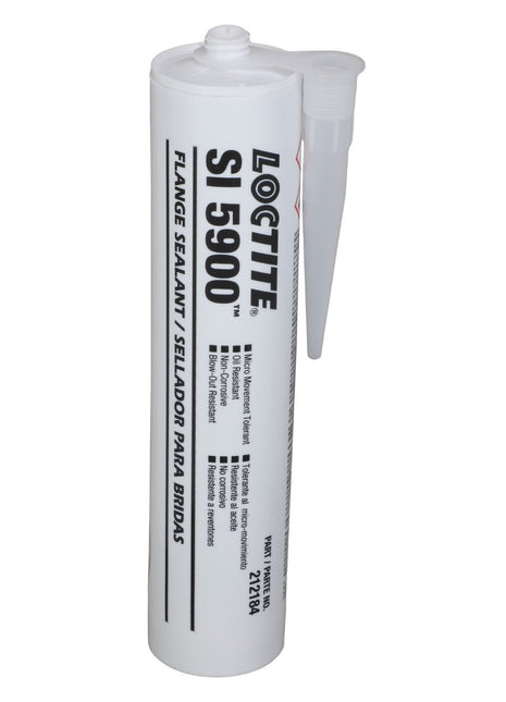 A white tube of AGCO | Loctite® 5900™ Flange Sealant Heavy Body RTV Silicone - ACP0039750 with a pointed nozzle and black text detailing specifications, now featuring an advanced formulation for optimal performance.