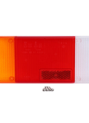 The AGCO Lamp Lens, Rear, Left Side (product code AG711449) is a rectangular vehicle tail light featuring durable sections in yellow, red, and clear designed for all-weather conditions. It comes with four screws placed below it for secure installation.