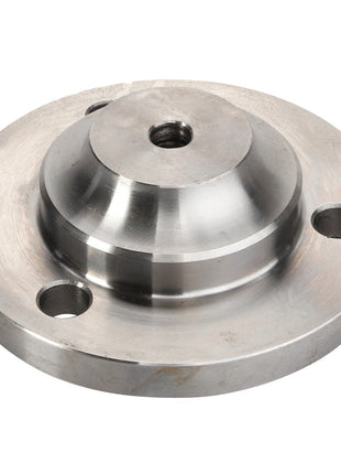 The AGCO | Pin - La321942950 is a robust silver metal flange with a central threaded hole and three surrounding bolt holes. It boasts a flat base and a raised, tapered center section for ensuring secure attachment and stability in diverse applications.
