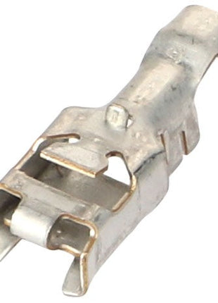 A detailed close-up view of the AGCO SOCKET TERMINAL - AG520031 reveals its metal construction, featuring a crimped design and a hook at one end.