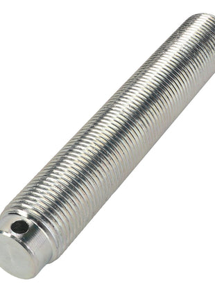 The AGCO | Threaded Bar, Lift Rod - Acp0498460 by AGCO is a metal threaded rod featuring a hole near one end, frequently utilized in hitch assemblies as part of AGCO Parts linkage components.