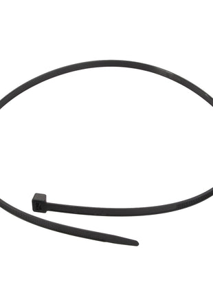 The AGCO | CABLE TIE - D45080015 is a durable black zip tie that features a square locking mechanism on one end and a tapered tip on the other, neatly coiled in a circular shape.