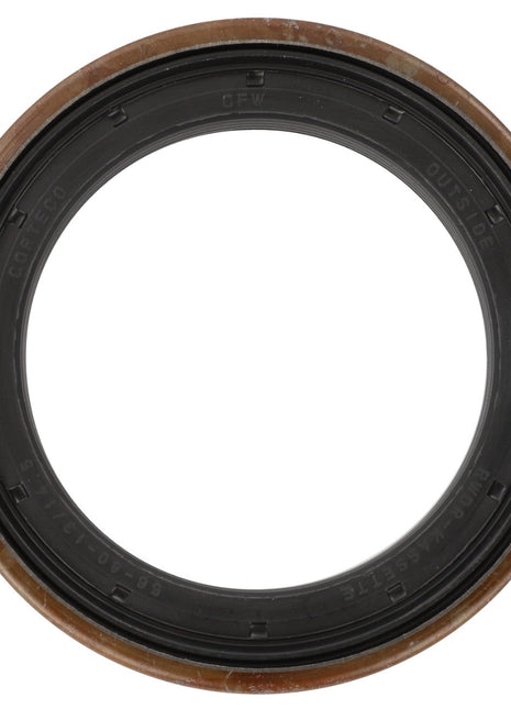 A circular, black rubber sealing washer with a metal ring, featuring the text “OUT-SIDE” and “INSIDE” engraved along the edge. This product is identified as AGCO | Sealing Washer - F411301021190 from the brand AGCO. No current product description available.