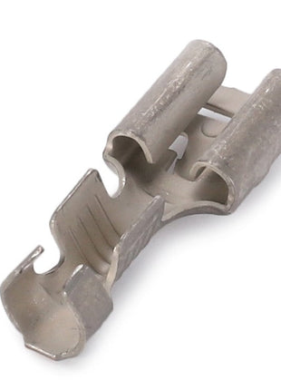 A close-up view of the AGCO | PLUG - D45060091, a metal electrical clip connector featuring two cylindrical openings and a curved base.