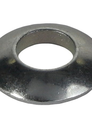 The AGCO Spherical Washer - F530200710730 is a polished metal washer with a slightly beveled edge and a central hole.