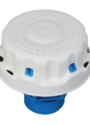 The AGCO Hydraulic Tank Filter Breather - Acx0102560 is depicted as a white plastic, cylindrical device with blue accents and multiple small openings. The bottom part includes a blue threaded connection point. No further product description information is currently available.