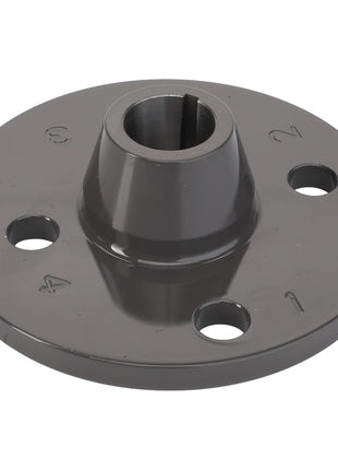 The AGCO Flange - Acx3000550 is a metal flange featuring a central cylindrical hole and four precisely numbered bolt holes positioned around the perimeter.