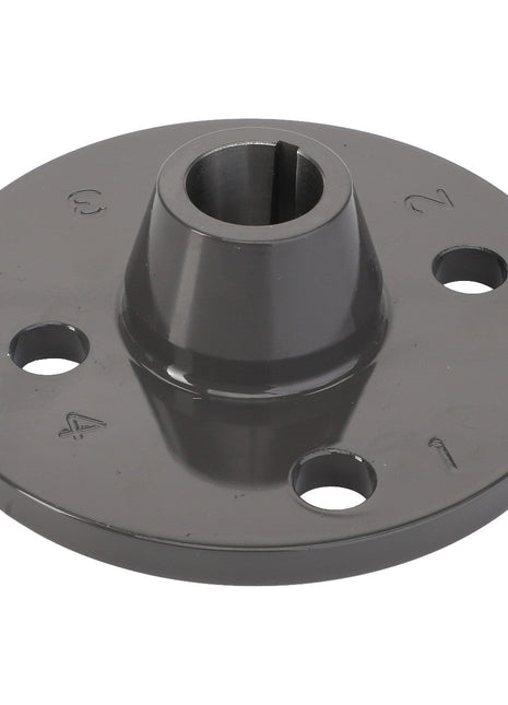 The AGCO Flange - Acx3000550 is a metal flange featuring a central cylindrical hole and four precisely numbered bolt holes positioned around the perimeter.