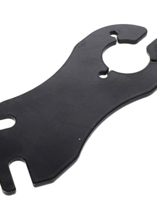 Description: The AGCO | SUPPORT - AL5201142, branded by AGCO, is a black metal wrench featuring a unique design with a closed circular opening and an additional open notch. Additional product description information is currently unavailable.