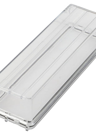 Introducing the AGCO | COVER - 0.010.2754.0, a transparent, rectangular plastic storage container with a lid, featuring grooved lines on the top surface. For ordering or product questions, please contact our support team.