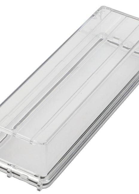 Introducing the AGCO | COVER - 0.010.2754.0, a transparent, rectangular plastic storage container with a lid, featuring grooved lines on the top surface. For ordering or product questions, please contact our support team.