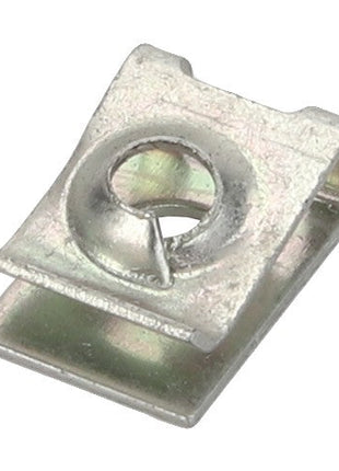 Close-up image of the AGCO | CLIP - D43422501, a metal spring nut featuring a rectangular body and a round threaded hole. No current product description information is available for this item.
