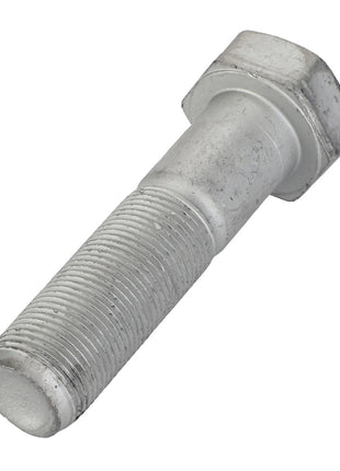 A close-up view of the AGCO Hexagonal Head Bolt - Acp0704420, showcasing its silver finish and detailed threading, lying on a white background.