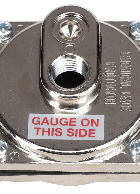 Close-up of the AGCO GAUGE PROTECTOR - AG515414, a square, metallic device with a central threaded hole. Labeled "GAUGE ON THIS SIDE," it features four screws at each corner. No current product description information available.