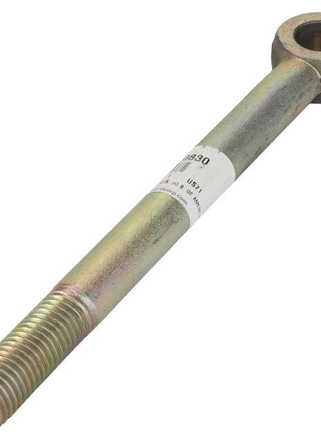 An AGCO | EYE BOLT - BD0830, metallic rod with a threaded end and a circular eye on the other end, featuring a label with no information available.