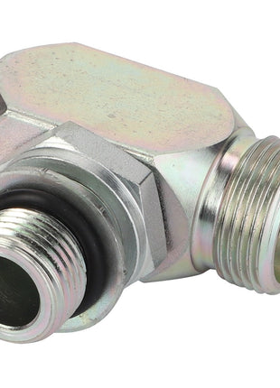 Close-up of the AGCO | Tee Fitting - 4282734M1 with threaded ends and an O-ring, showcasing its angled design suitable for fluid connections. No current product description available.