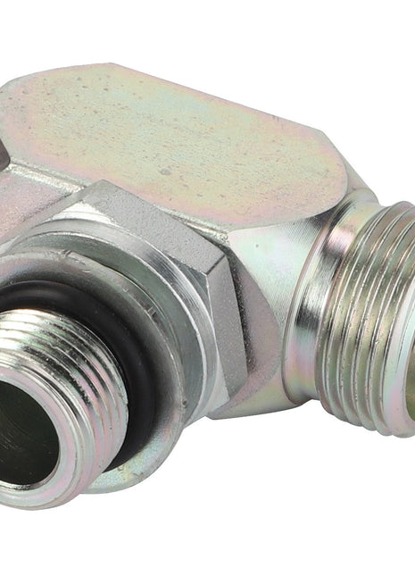 Close-up of the AGCO | Tee Fitting - 4282734M1 with threaded ends and an O-ring, showcasing its angled design suitable for fluid connections. No current product description available.