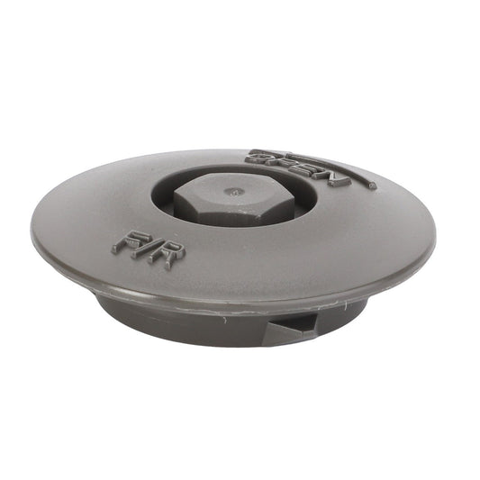 The AGCO Locking Plug, Cab Floor Cover - 339810060060 is a gray, circular plastic tool featuring a central hexagonal slot and raised text indicating "FR" and "OPEN," perfect for use with FARMER LS equipment.