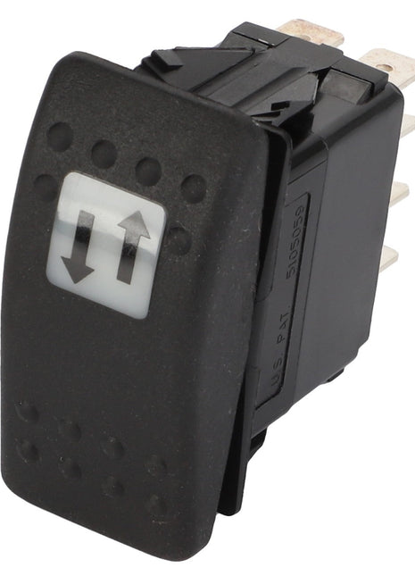 The AGCO SWITCH - D45050066 is a black rocker switch featuring a white symbol of two opposite-facing arrows on its surface, intended for electronic or electrical use. It has visible metal connectors on the back but comes with no current product description information available.