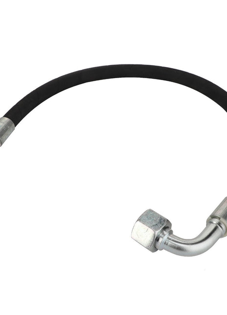 There is no current product description for the AGCO Hydraulic Hose - Acw2181400, a flexible black hose with metal fittings on both ends, one of which is angled.