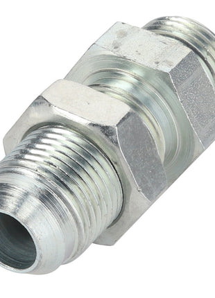 The AGCO Bulkhead (Acp0002840) is a metal hydraulic fitting featuring hexagonal structures and threaded ends, specifically designed for connecting pipes or tubes. The product description is currently unavailable.