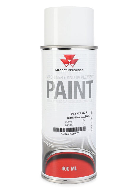 A 400ml aerosol can of AGCO Mf Black Gloss, identified with the part number 3933292M7, featuring black gloss RAL 9005 designed for professional use on metal surfaces, marked by a large V logo above the text and a gray cap.