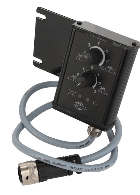 The AGCO BOX - D46150525 is a black electrical control box featuring two knobs and a switch, connected by a gray cable with a labeled metal connector.