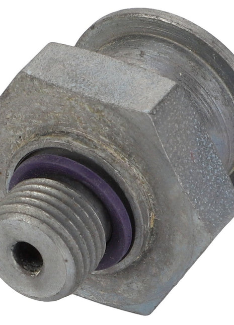 A close-up of the AGCO Adapter - Acw1931460, featuring a metal hex bolt with a threaded end and a distinctive purple rubber ring.