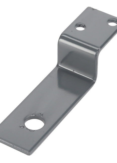 The AGCO | BRACKET - D28986703 is a gray metal bracket featuring three holes for mounting or connecting objects. One end of the bracket is flat with two holes, while the opposite end is raised at a right angle and has a single hole. Please note: No additional product description information is available beyond this overview.