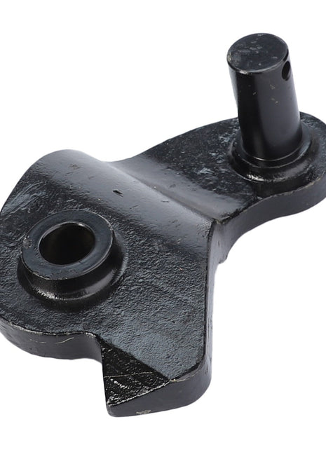 A black metal component, identified as the AGCO | JOINTED SPINDLE - F716870050030, features two holes—one round and one cylindrical—and is displayed against a white background. No additional product description information is available.