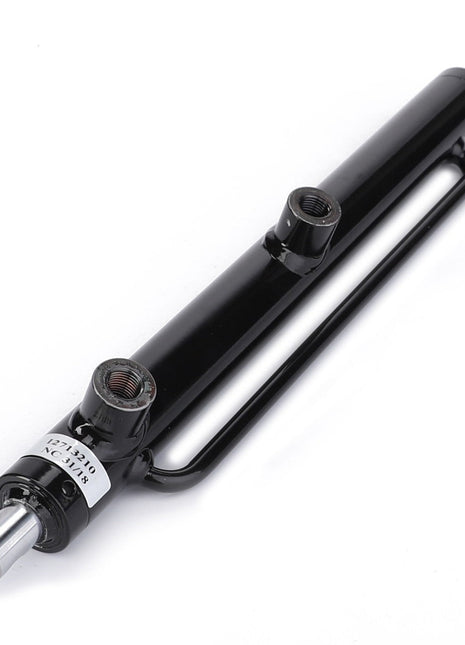 The AGCO | CYLINDER - AL12713210 by AGCO is a black hydraulic cylinder featuring two ports and a metallic rod extending from one end.