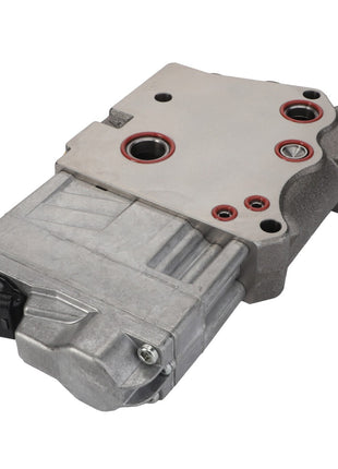 Image of an AGCO Directional Valve - Acw511098E, an automotive component with a bulky, rectangular shape featuring several circular openings, including red-ringed holes and screws. No current product description information is available.