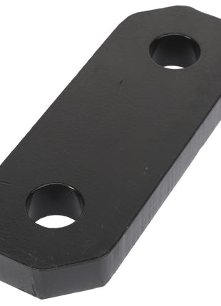 A black AGCO rectangular metal plate, model SPACER PLATE - AL381313, featuring two circular holes positioned near each end. No additional product description information is available.