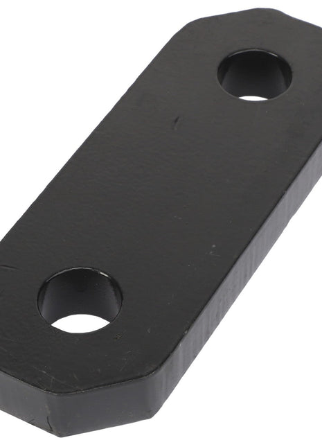 A black AGCO rectangular metal plate, model SPACER PLATE - AL381313, featuring two circular holes positioned near each end. No additional product description information is available.