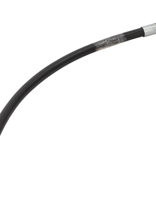 The AGCO HYDR. HOSE - D45130043 is a black, flexible hydraulic brake hose featuring polished metal connectors on both ends, with a slight curvature for seamless integration.