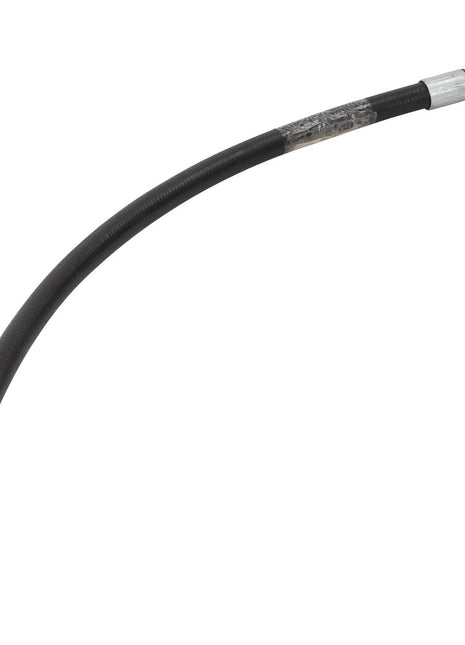 The AGCO HYDR. HOSE - D45130043 is a black, flexible hydraulic brake hose featuring polished metal connectors on both ends, with a slight curvature for seamless integration.